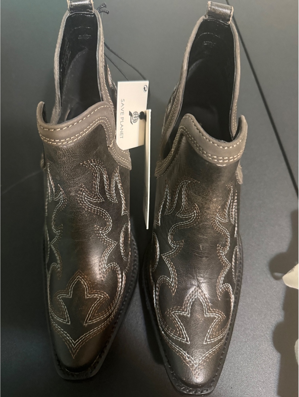 MYRA Black Leather Western Ankle Boots with Embroidered Design Size 6